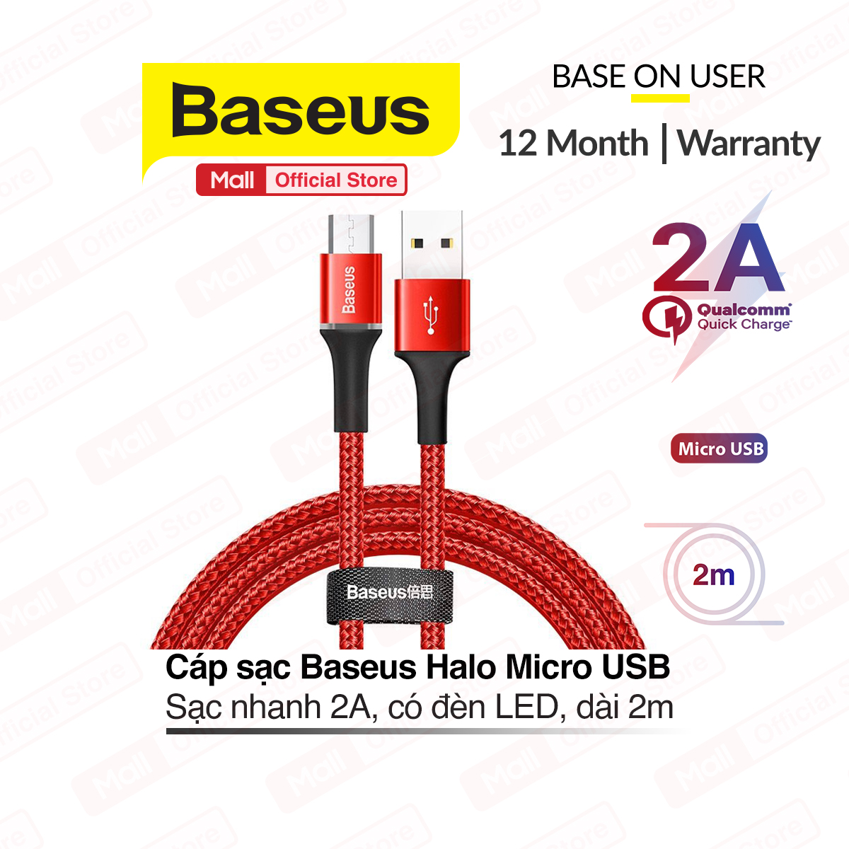 Cáp sạc Micro USB Baseus LED Micro indicator sạc nhanh siêu bền Halo Data Q.C 3.0