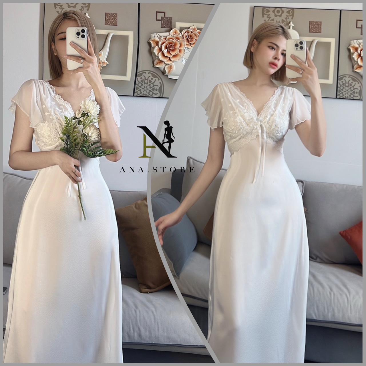 Sét Đầm Ngủ Suông Phối Ren Phong Cách Tiểu Thư