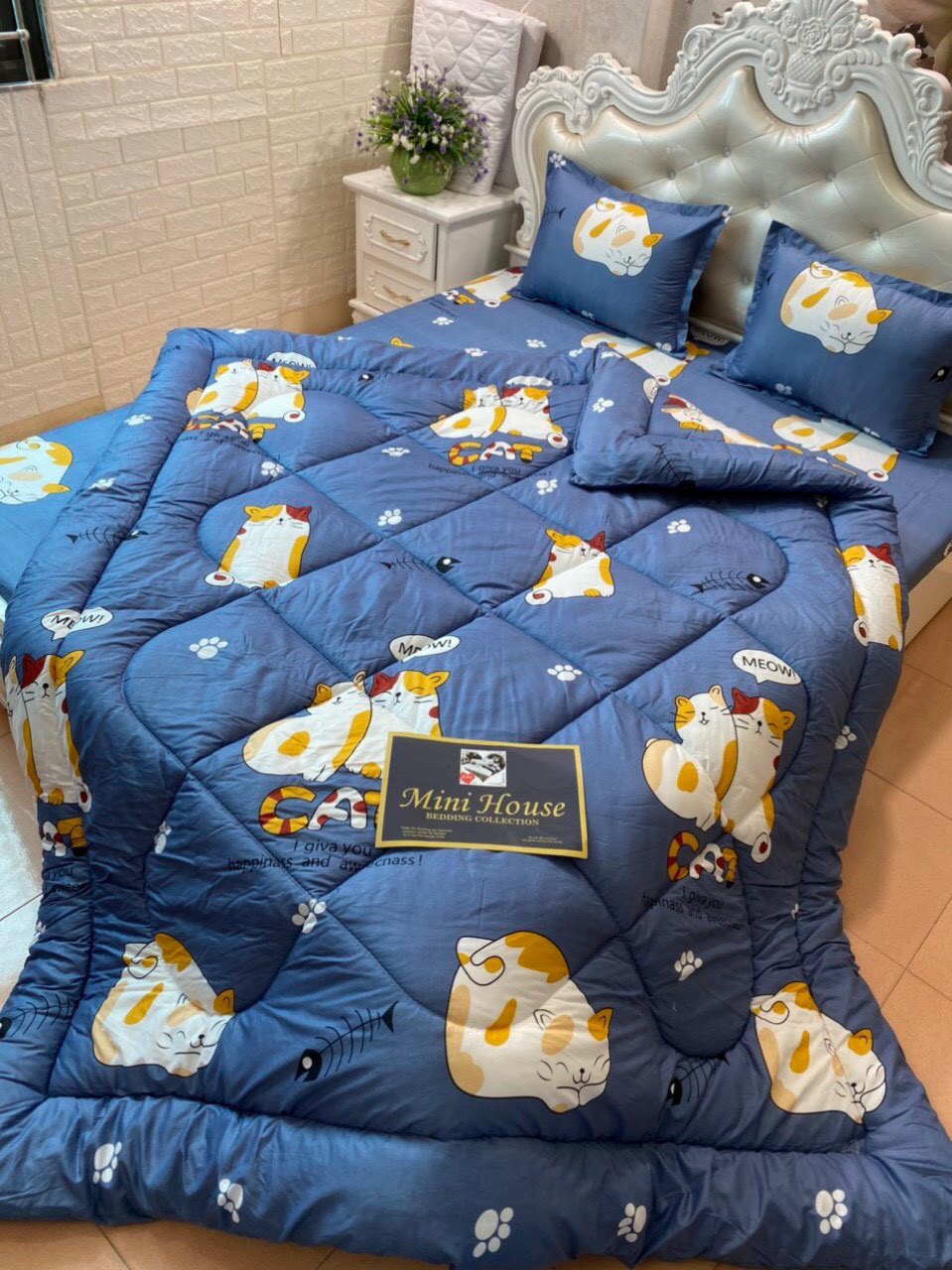 Set 4 Chăn Phao Cotton Poly MÈO CÁT XANH đáng yêu,dễ thương