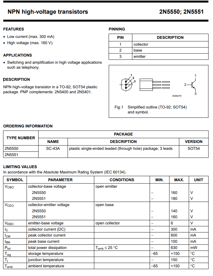 Combo 10 con ﻿Transistor NPN 2N5551 160V 0.6A TO-92