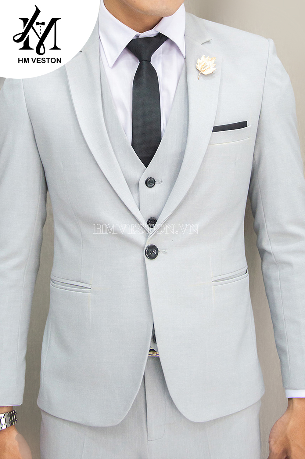 Bộ vest nam màu xám ghi (áo + quần + gile + cà vạt + nơ)