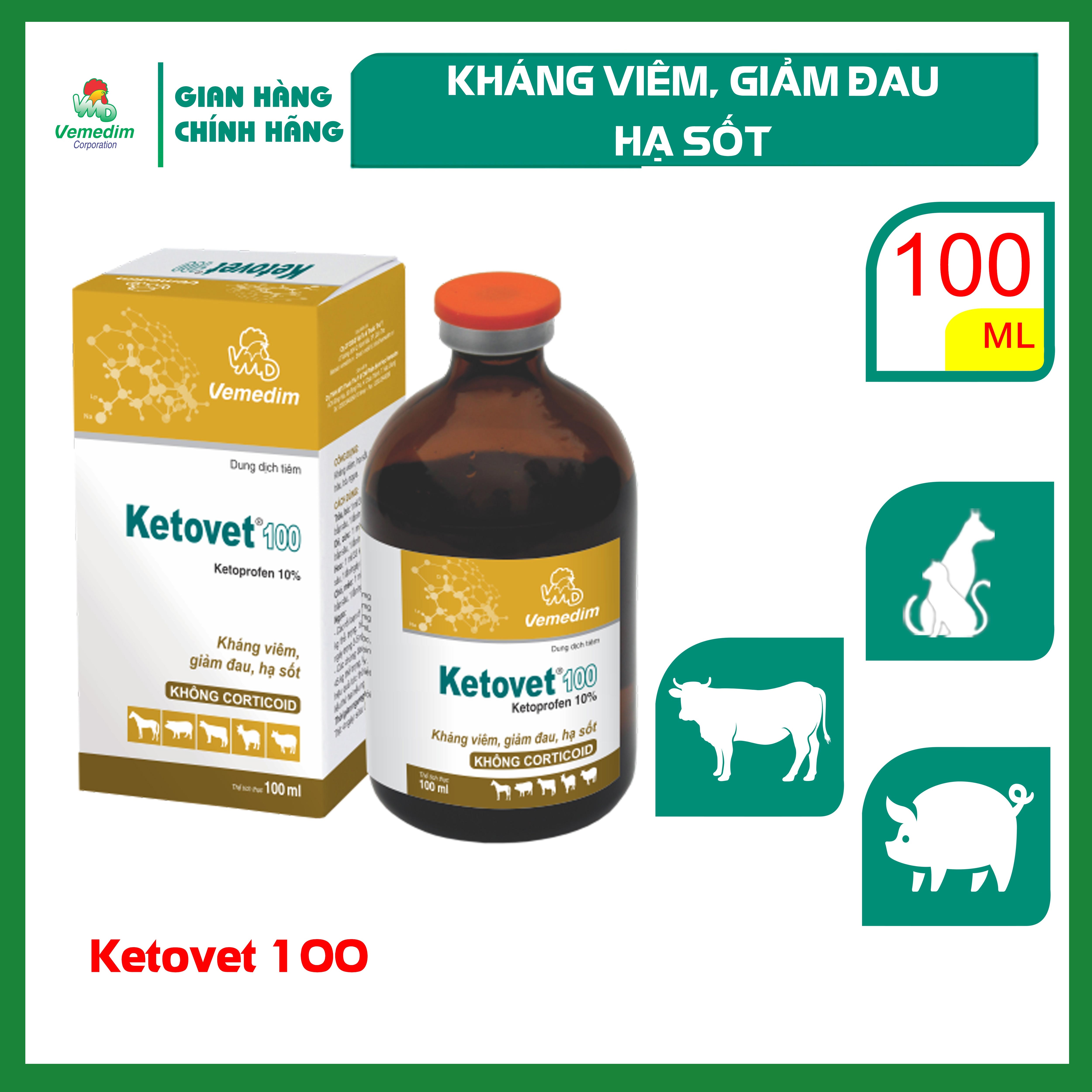 "Hoàn tiền đến 10%" Vemedim Ketovet 100 chai tiêm giảm đau, hạ sốt cho gia súc, chó, mèo, chai 100ml
