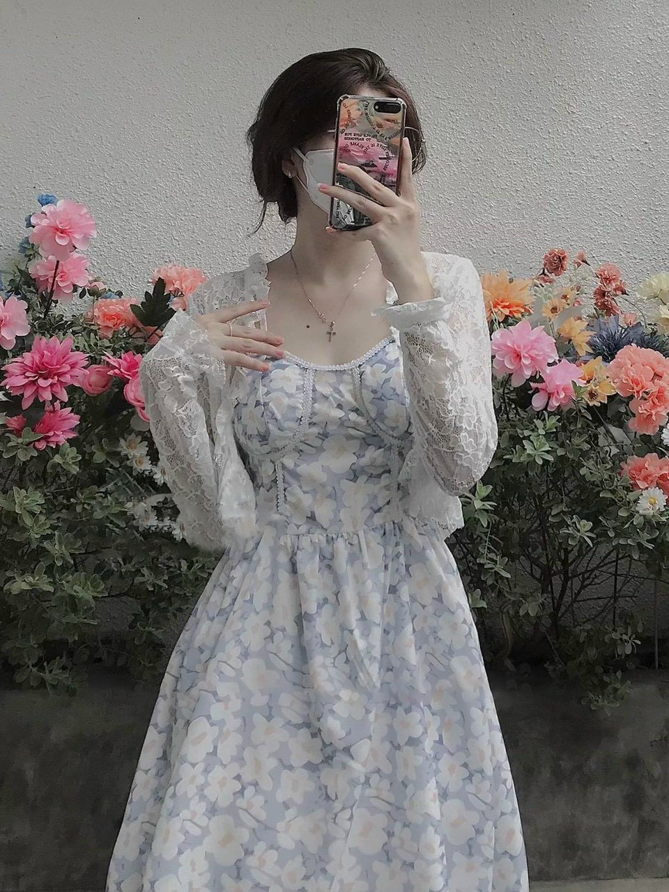 Set đầm nữ váy nữ thiết kế đẹp Rossy Fashion, Set đầm 2 dây Babydoll hoa kèm áo khoác ren trắng - SR170
