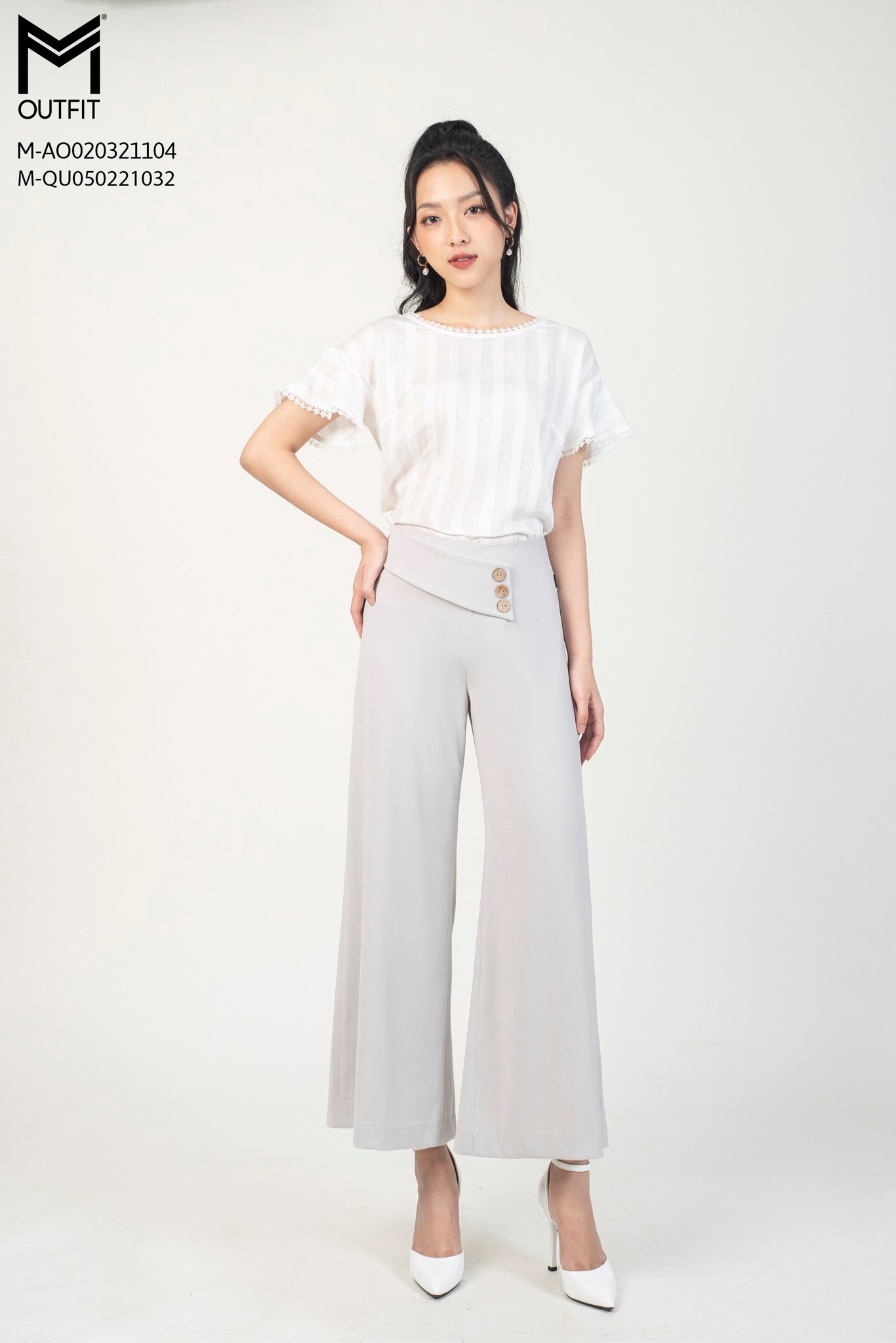 Quần ống rộng, đính cúc gỗ - mmoutfit
