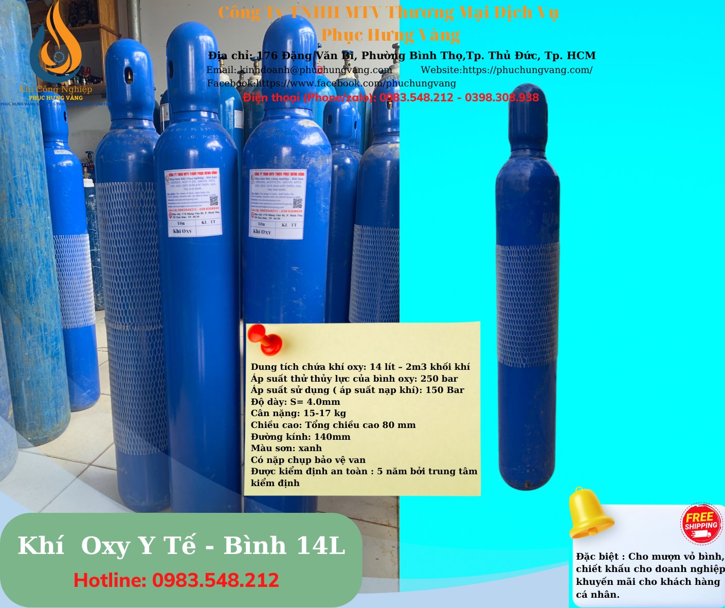 BÌNH KHÍ OXY Y TẾ 14 LÍT - BAO GỒM BÌNH VÀ KHÍ