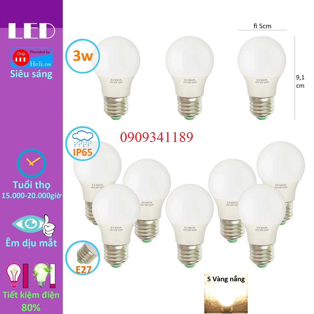 Combo 10 bóng led 3w đui e27
