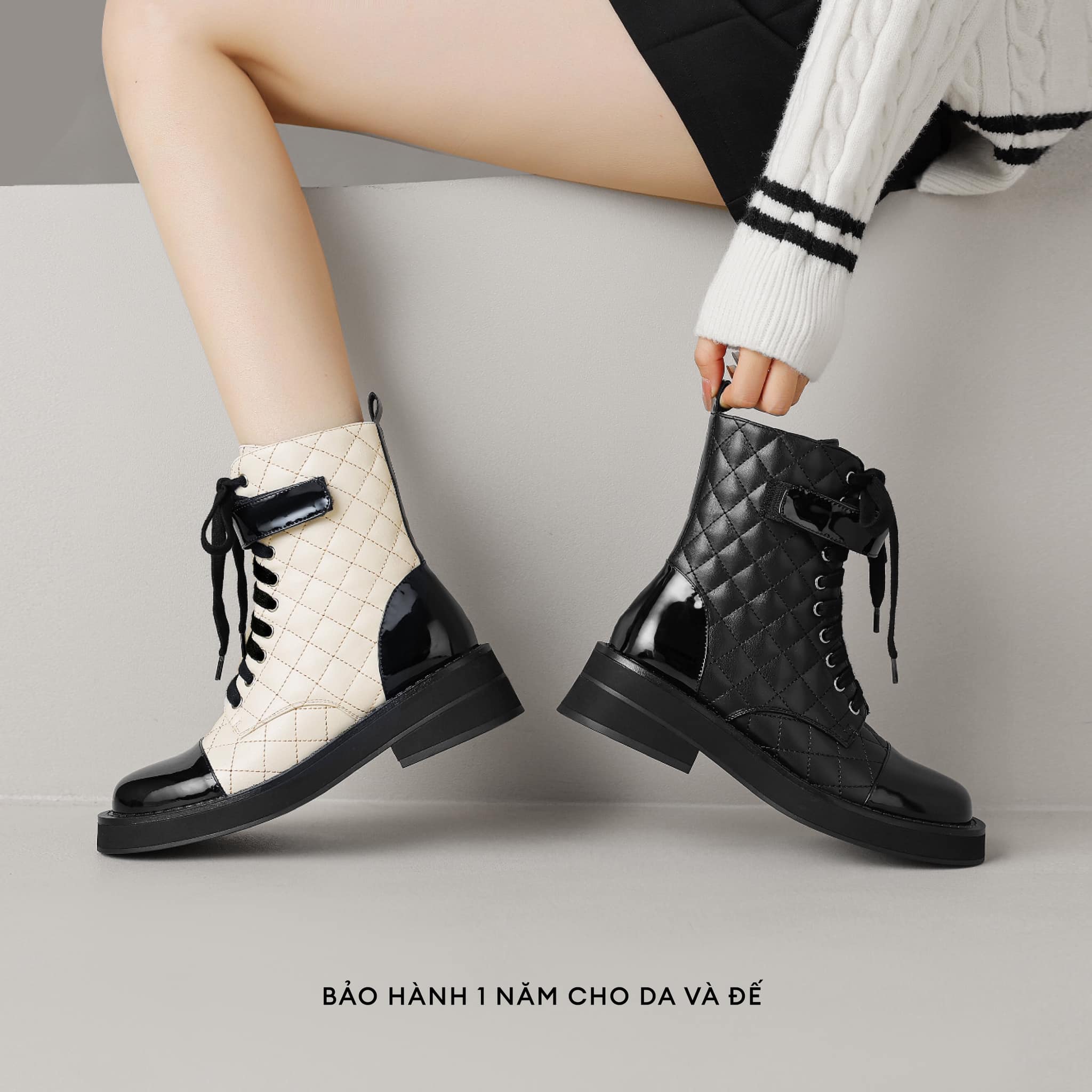 ENSo - Boots Da Thật Màu Trắng Mix Đen COGAC Đế Cao 5 cm