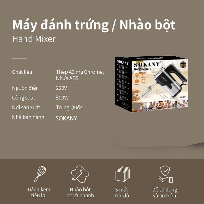 Máy Đánh Trứng Sokany 800W Sk-6621 5 Tốc Độ 4 Que Đánh