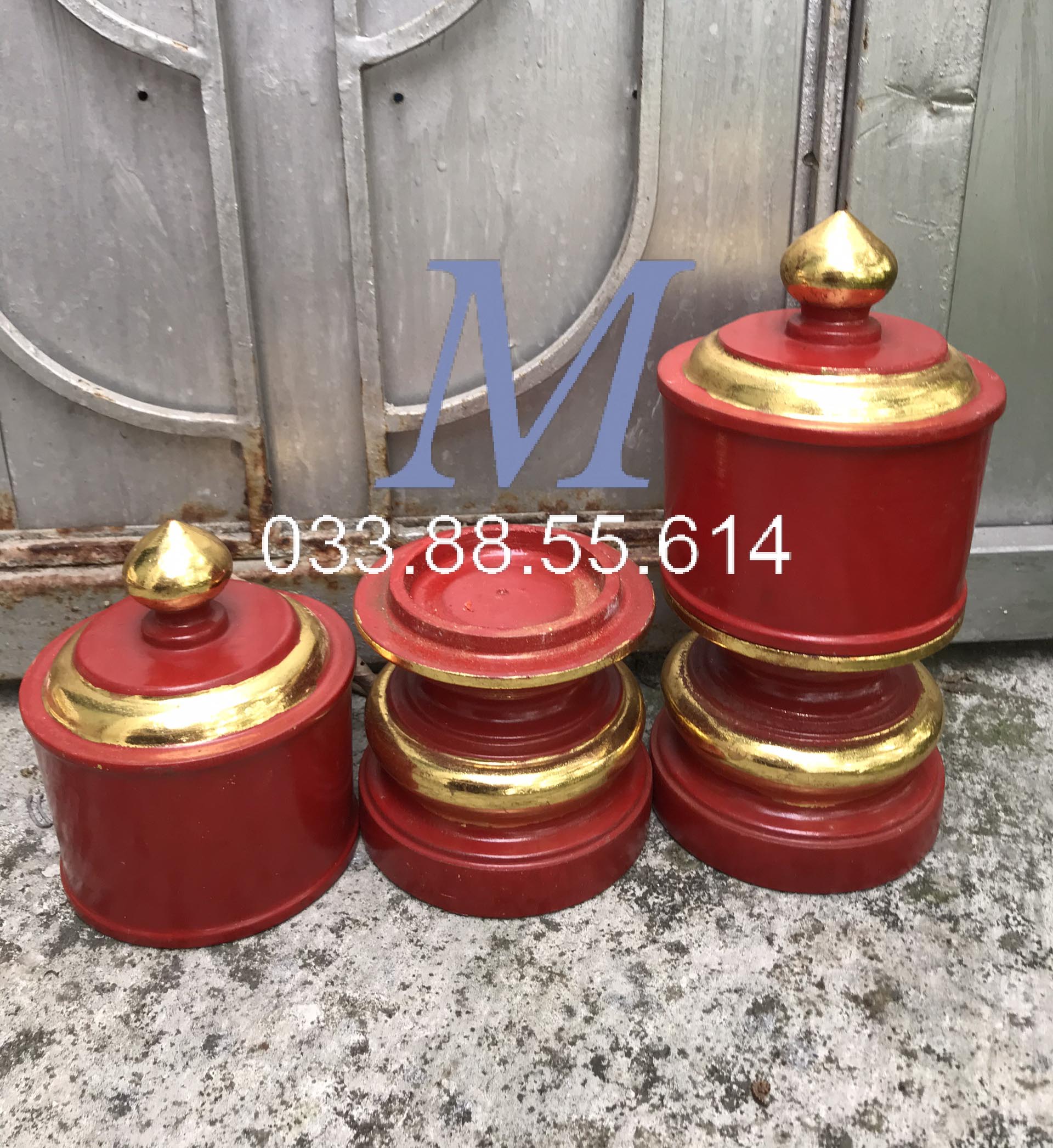 Bộ 2 Qủa Đài Nến Kẻ Chỉ Giáp Vàng Gỗ Mít