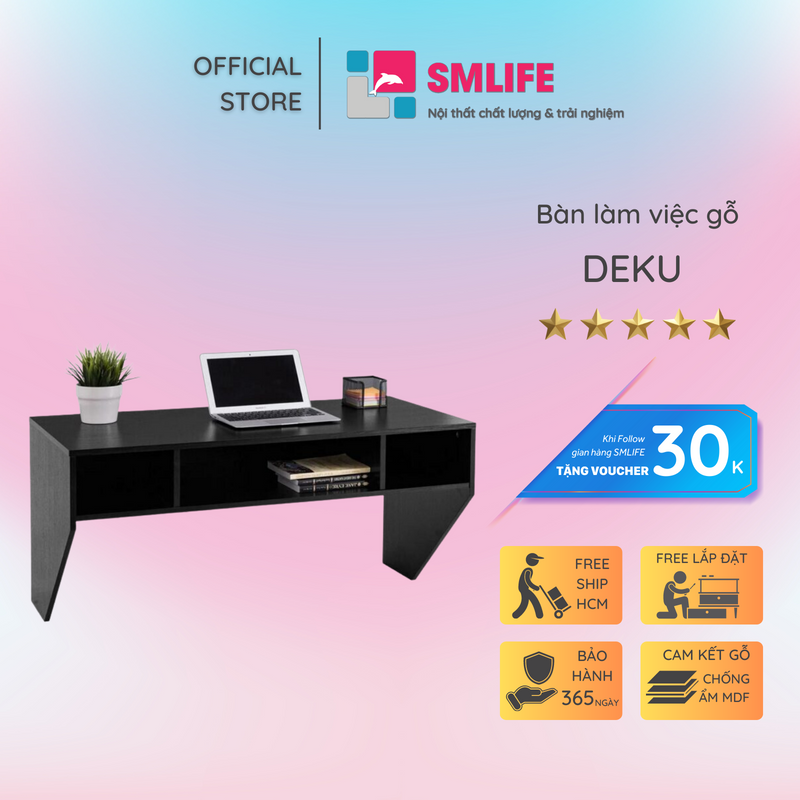 Bàn làm việc gỗ công nghiệp liền kệ để sách SMLIFE Deku