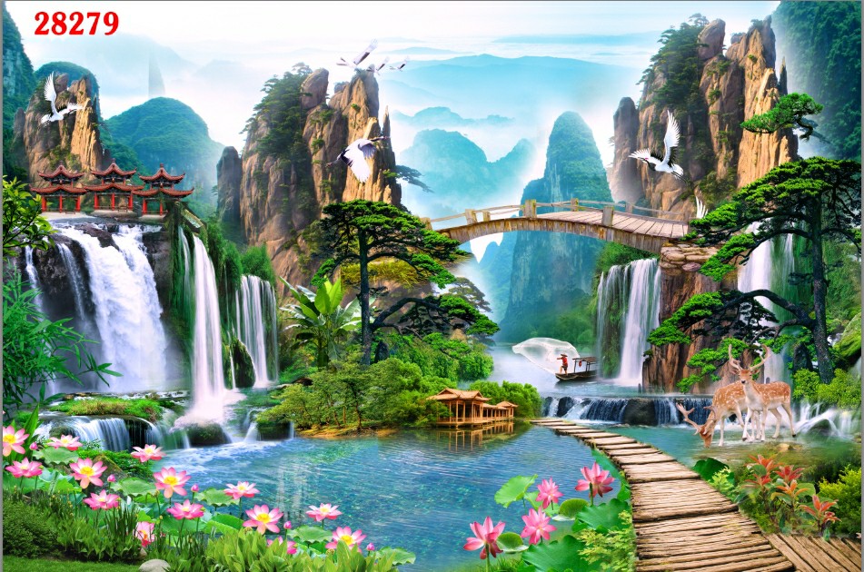 Tranh dán tường 3D Phòng Khách/ Sơn Thủy Hữu Tình/ Tranh Lên Màu Sắc Nét- Đóng Gói Cẩn Thận(Đã tích hợp sẵn keo),CT4