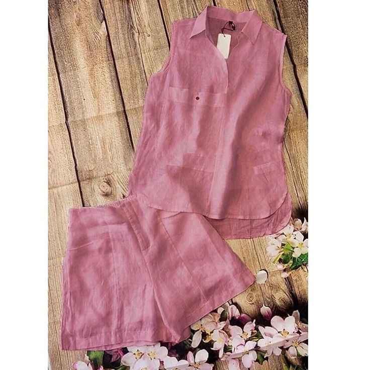 Set bộ đi chơi Linen bột Premium sát nách cổ bẻ kèm quần sóc SLINEN, chất vải Linen bột mềm thích hợp mùa hè
