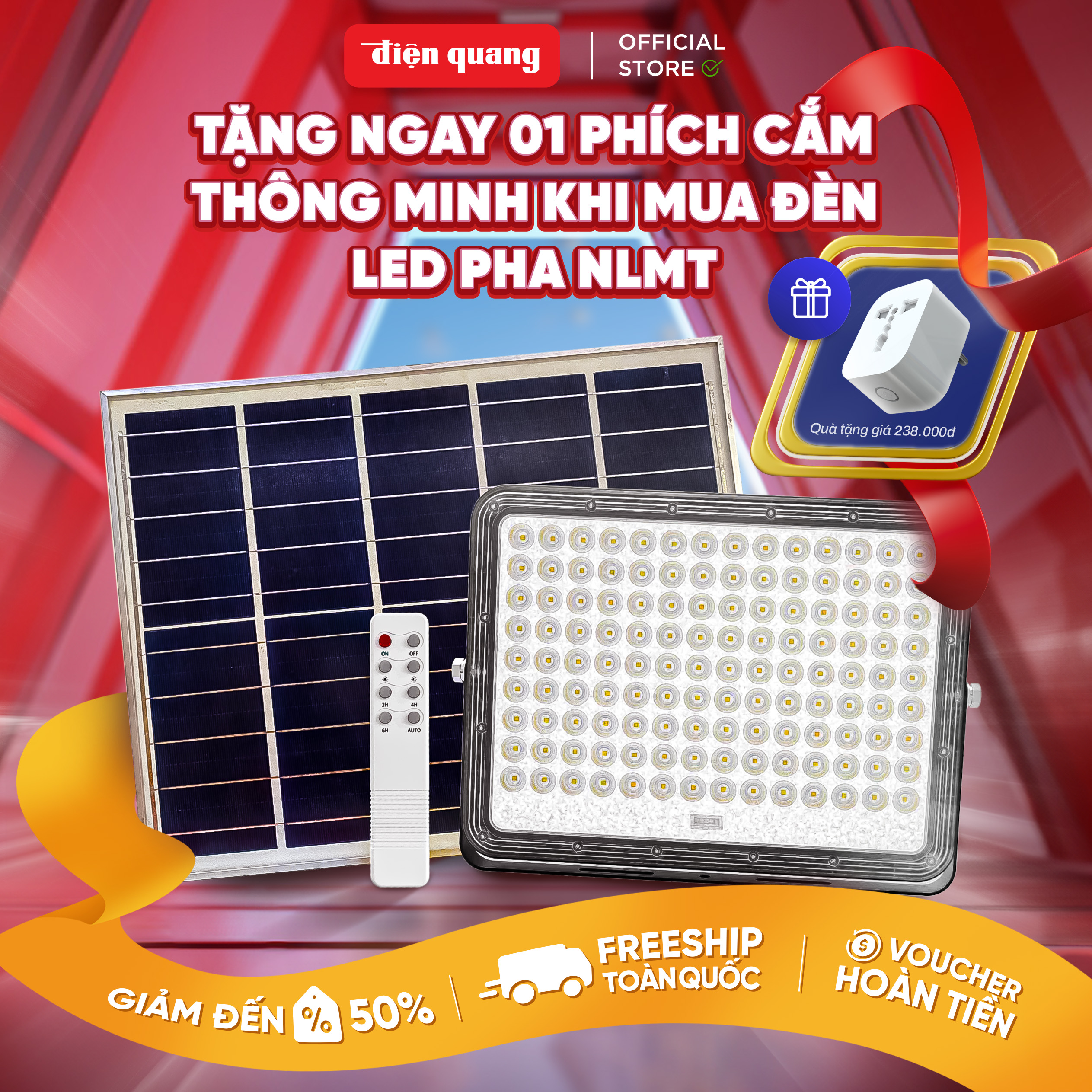 Đèn năng lượng mặt trời, LED Pha NLMT Điện Quang Công suất từ 60W - 300W,