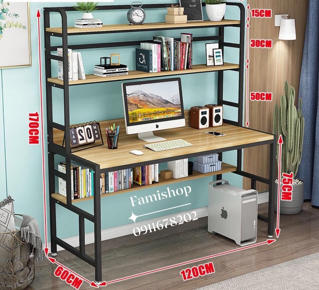 Bàn Làm Việc Chân Sắt Có Kệ Sách Đa Năng