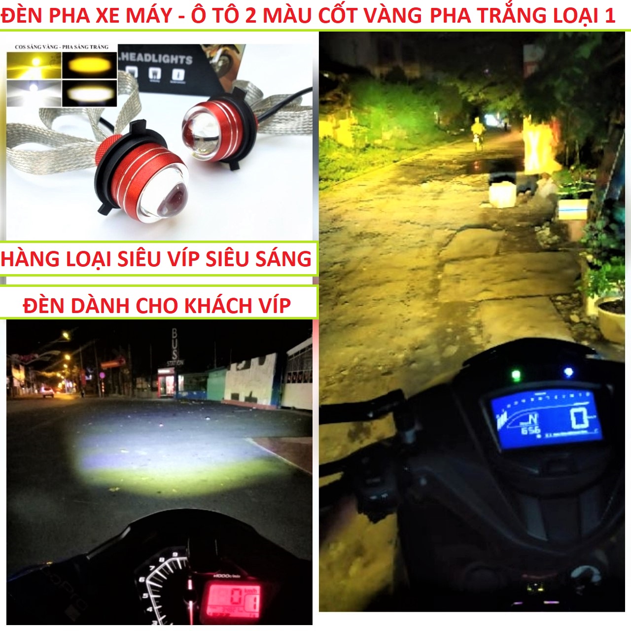 ĐÈN PHA 2 CHẾ ĐỘ CỐT VÀNG PHA TRẮNG SIÊU SÁNG DÀNH CHO KHÁCH VÍP , ĐÈN PHA XE MÁY ĐUÔI CÔNG , ĐÈN PHA BI CẦU 2 MÀU , ĐỒ CHƠI ĐỘ XE MÁY , PHỤ KIỆN ĐỘ XE MÁY