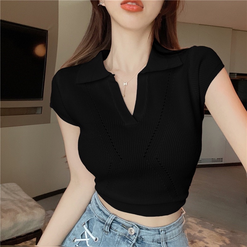 áo len dệt kim cổ V basic tay hến dáng croptop (M98#)