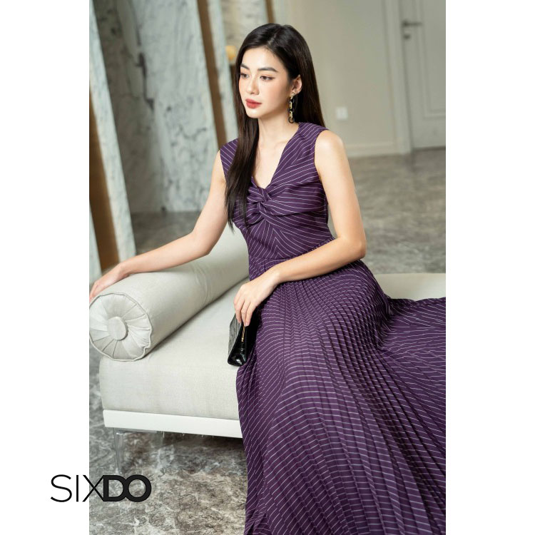 Đầm xòe sát nách xoắn ngực thời trang SIXDO (Dark Purple Sripe Midi Woven Dress)