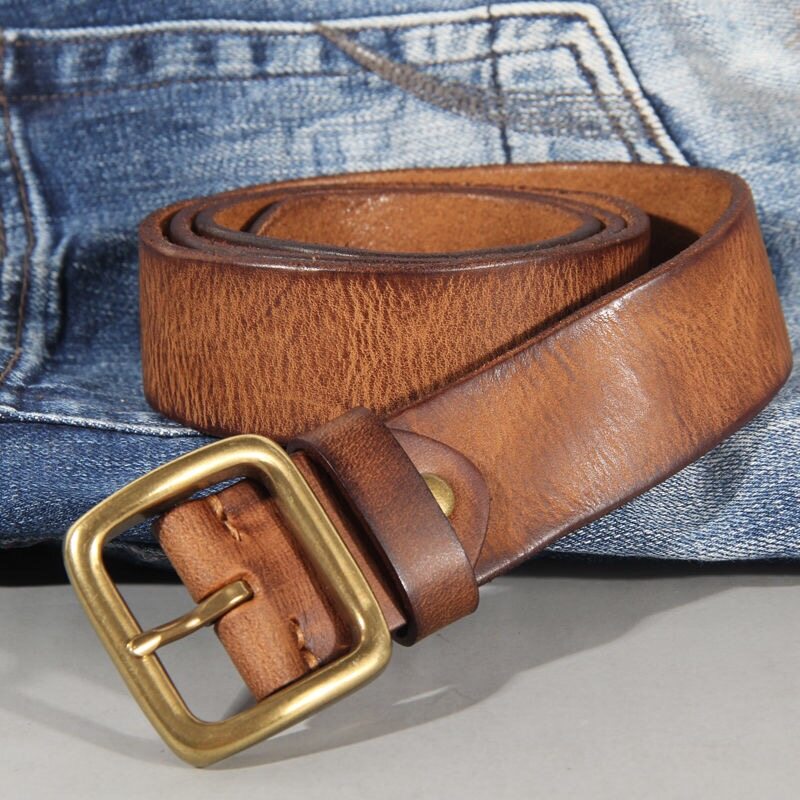 2023 New Belt men's first pure cowhide leather handmade brass belt retro jeans casual suit soft belt Brown black luxury strong and durable top layer cowhide leather belt craft