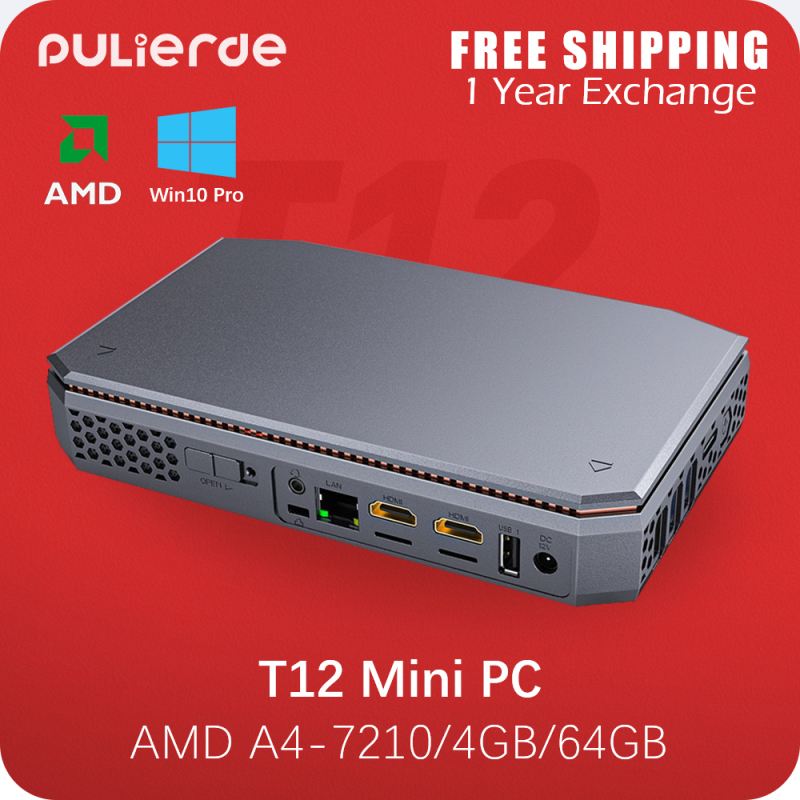 T12 Mini PC AMD A4-7210 CPU Windows 10 Pro 4GB RAM 64GB SSD 4K HD Dual HDMI USB 3.0 Cổng 5Ghz WiFi 1000M Ethernet Máy tính để bàn Bluetooth Mini Pulierde HTPC
