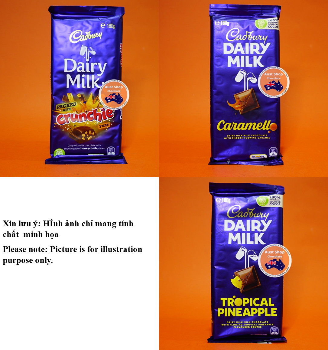 [HCM]Socola thanh Cadbury Dairy Milk Crunchie / Caramello / Tropical Pineapple 180g - Australian Stock - Aust Shop Chocolate