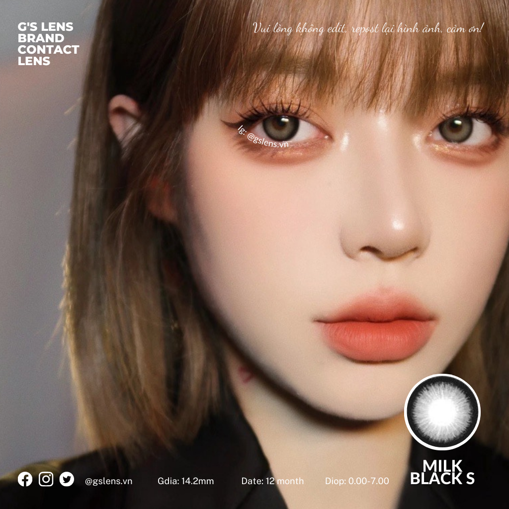Kính Áp Tròng Đen Xước Giãn Ít MILK BLACK 14.2mm Có Từ 0 Đến 7 Độ Lệch Độ G'S LENS