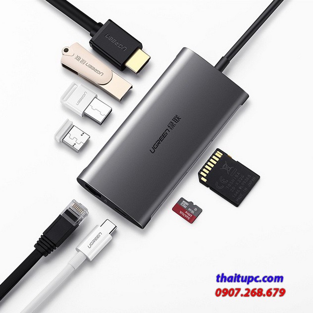 Cáp đa năng USB C to HDMI+USB 3.0+LAN 1Gbps+Card Reader Ugreen 50516