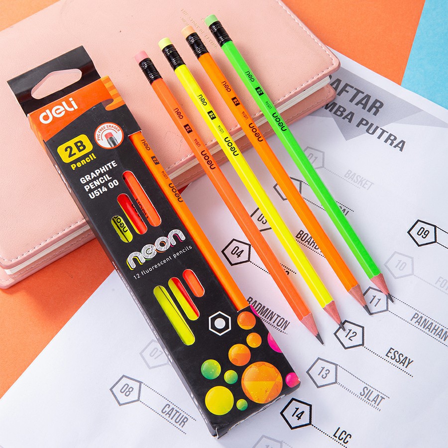 Hộp bút chì Deli U514 NEON - 2B (Hộp 12 chiếc)