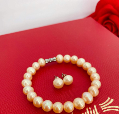 Combo 2 món Vòng Tay Ngọc Trai bông tai màu hồng cam siêu chuẩn đẹp ngọc 9 ly