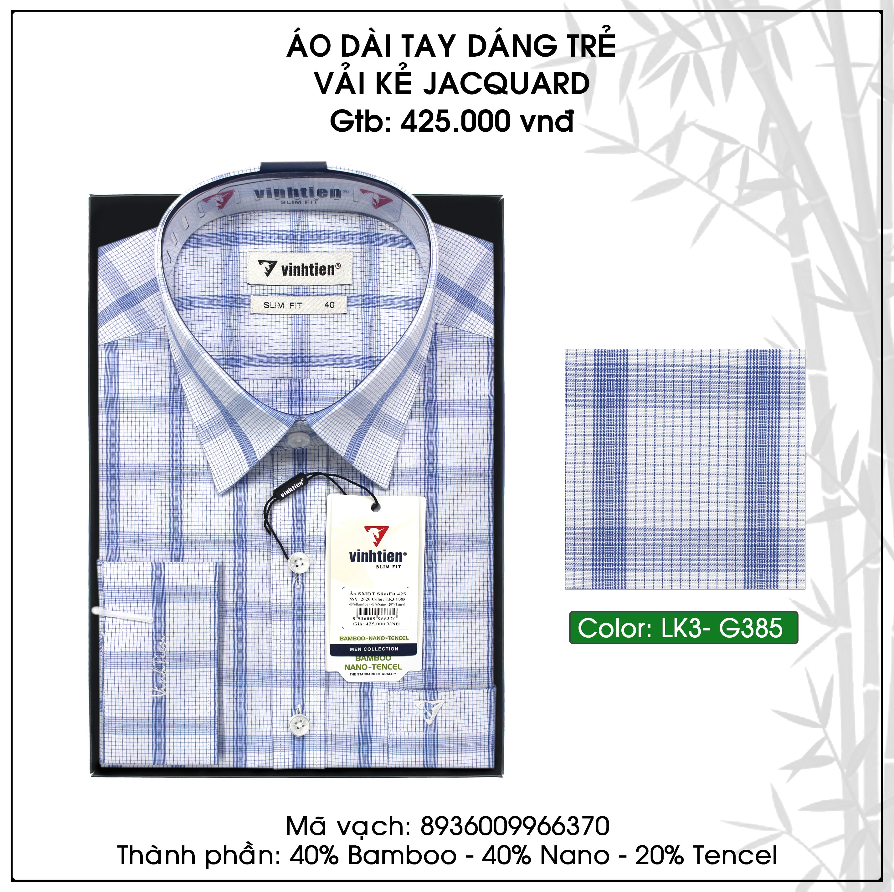 Áo sơ mi nam dài tay bamboo dáng slimfit vĩnh tiến g385