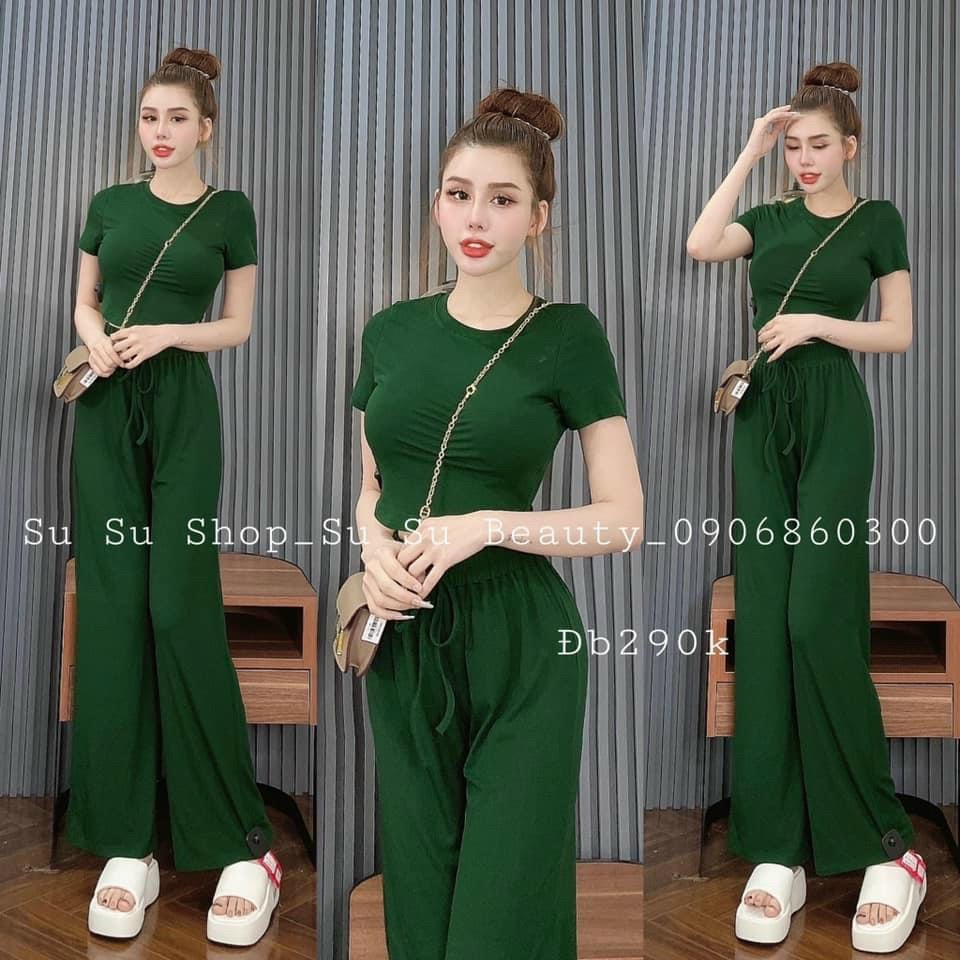 Set áo thun croptop ôm mix quần ống rộng vải cotton mát mẻ đồ bộ thun trơn basic mẫu mới mùa hè năng động