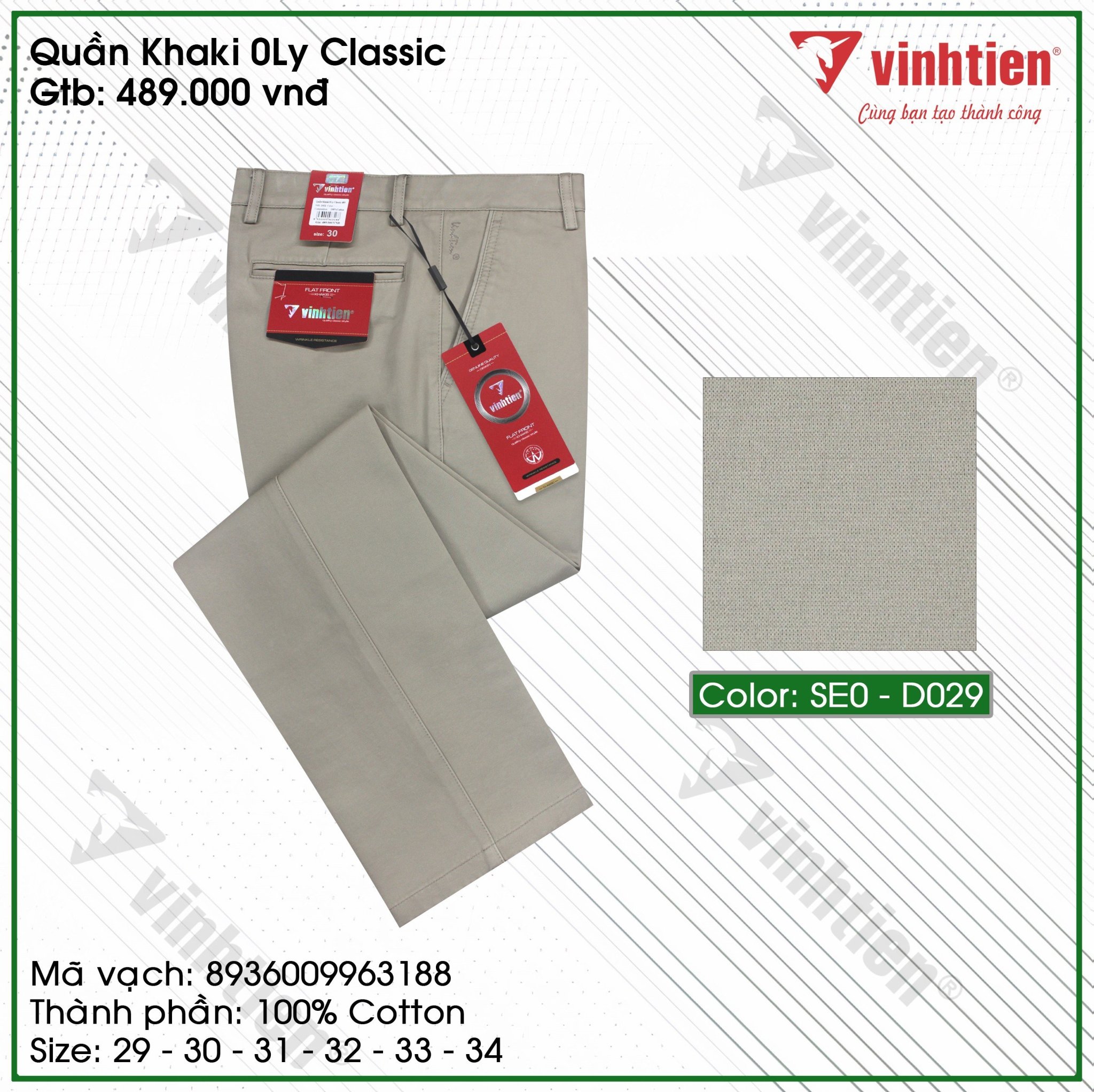 Quần kaki 0 ly trung niên vĩnh tiến cotton màu be sáng vt29