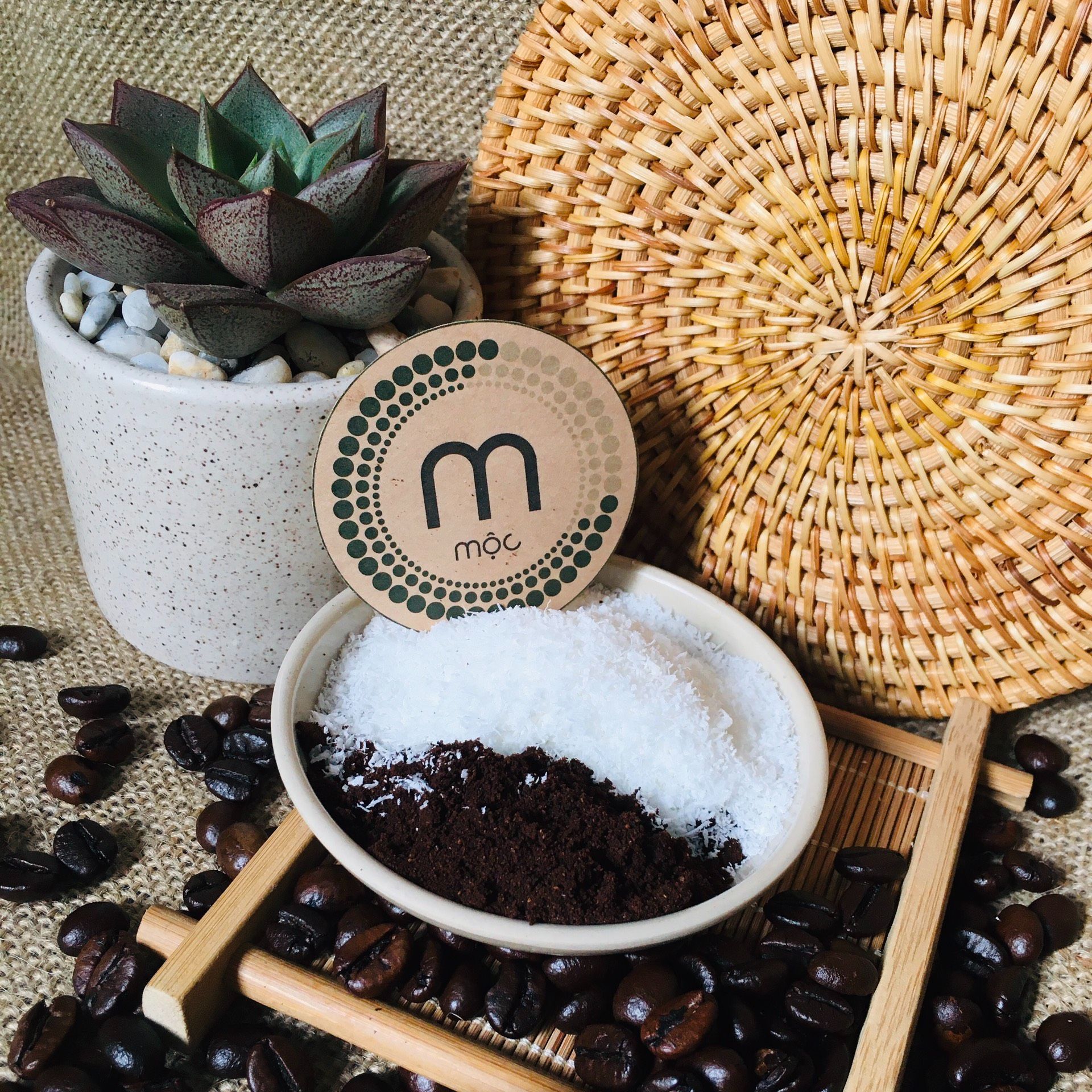 Bột mặt nạ cà phê dừa MỘC - cafe nguyên chất tẩy tế bào chết, se khít lỗ chân lông, làm mịn da gói dùng thử 10g và chai 100ml, 200ml chính hãng