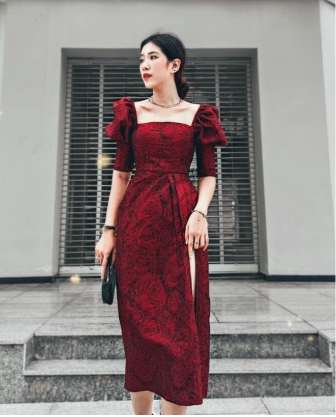 Đầm ôm body gấm lục dự tiệc tay phòng NGOCTRANSHOP - NT8272