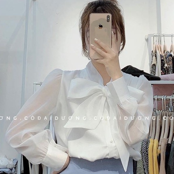 Áo sơ mi tay bồng cổ nơ khuy ngọc tiểu thư