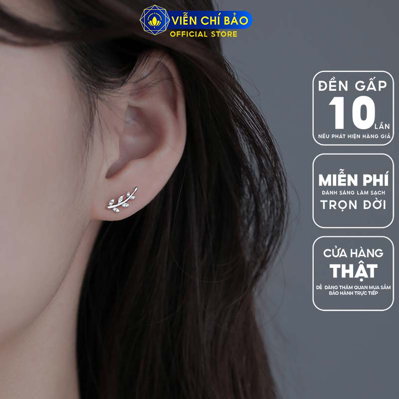 Bông tai bạc nữ cành lá kẹp vành nạm đá chất liệu bạc S925 trẻ trung sang chảnh Viễn Chí Bảo B400246