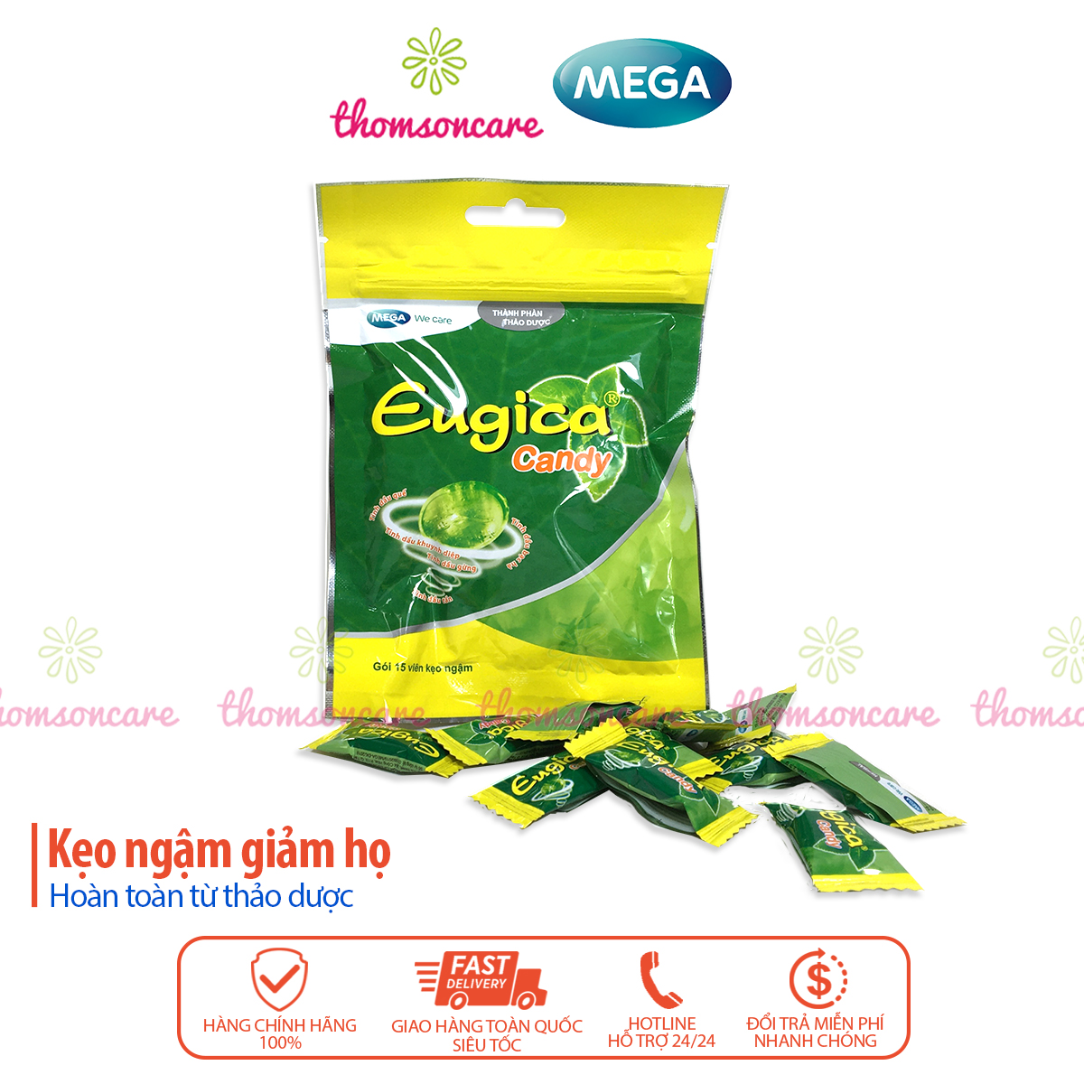 Eugica gói 15 viên kẹo ngậm giảm ho đau họng từ thảo dược