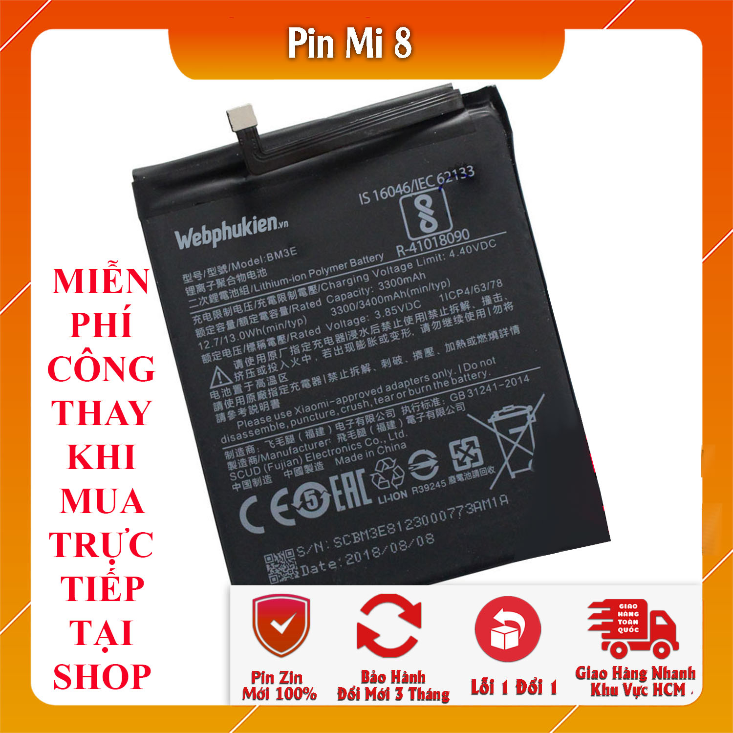 Pin webphukien cho Xiaomi Mi8 Mi 8 BM3E 3400mAh (Đen)
