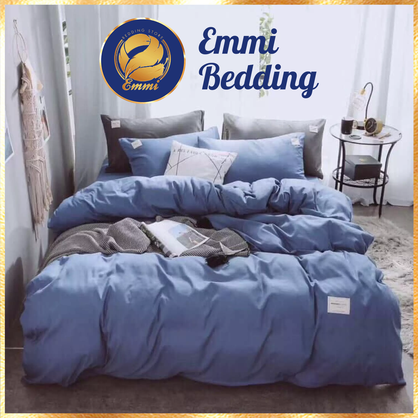 Chăn ga gối nệm EmmiBedding Cotton TC XANH BIỂN GA GHI, set 4 món gồm 1 vỏ chăn, 1 ga bọc chun theo yêu cầu, 2 vỏ gối nằm, ga giường cao cấp chất liệu mềm mịn, thoáng mát, phối màu phong cách Hàn Quốc