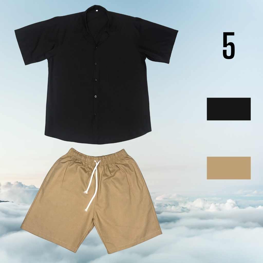 Set áo sơ mi cổ vest, quần đùi kaki