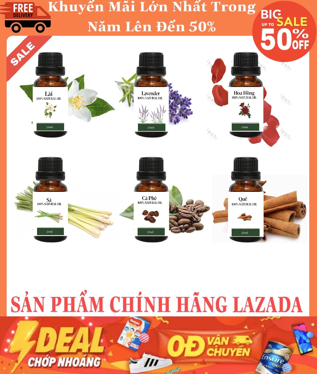 [HCM]BỘ 6 CHAI TINH DẦU THIÊN NHIÊN CAO CẤP TINH DẦU QUẾ SẢ CAFE HOA NHÀI HOA HỒNG LAVENDER
