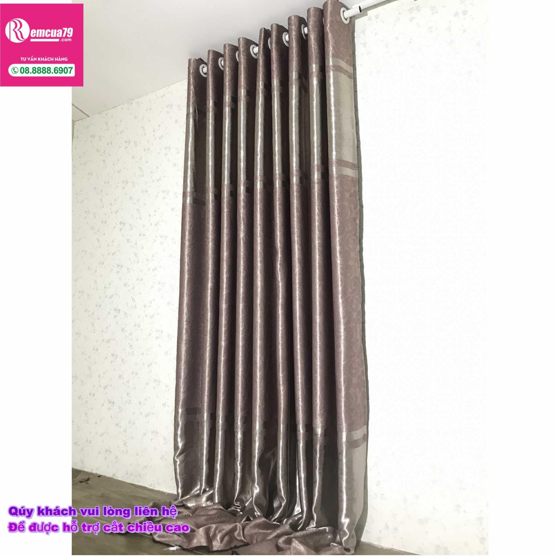 Rèm, màn cửa Ph curtains( ngang250cm x cao 270cm) màu Xám nâu hoa văn chìm hiện đại + tặng dây vén màn