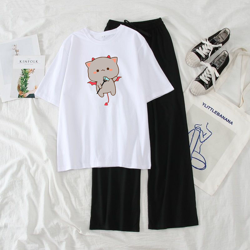 Sét Bộ Đồ Quần Áo Nữ Ngắn Tay Xinh Cute Áo Cotton In Hoạt Hình Dễ Thương Kèm Quần Ống Rộng Thun Cát