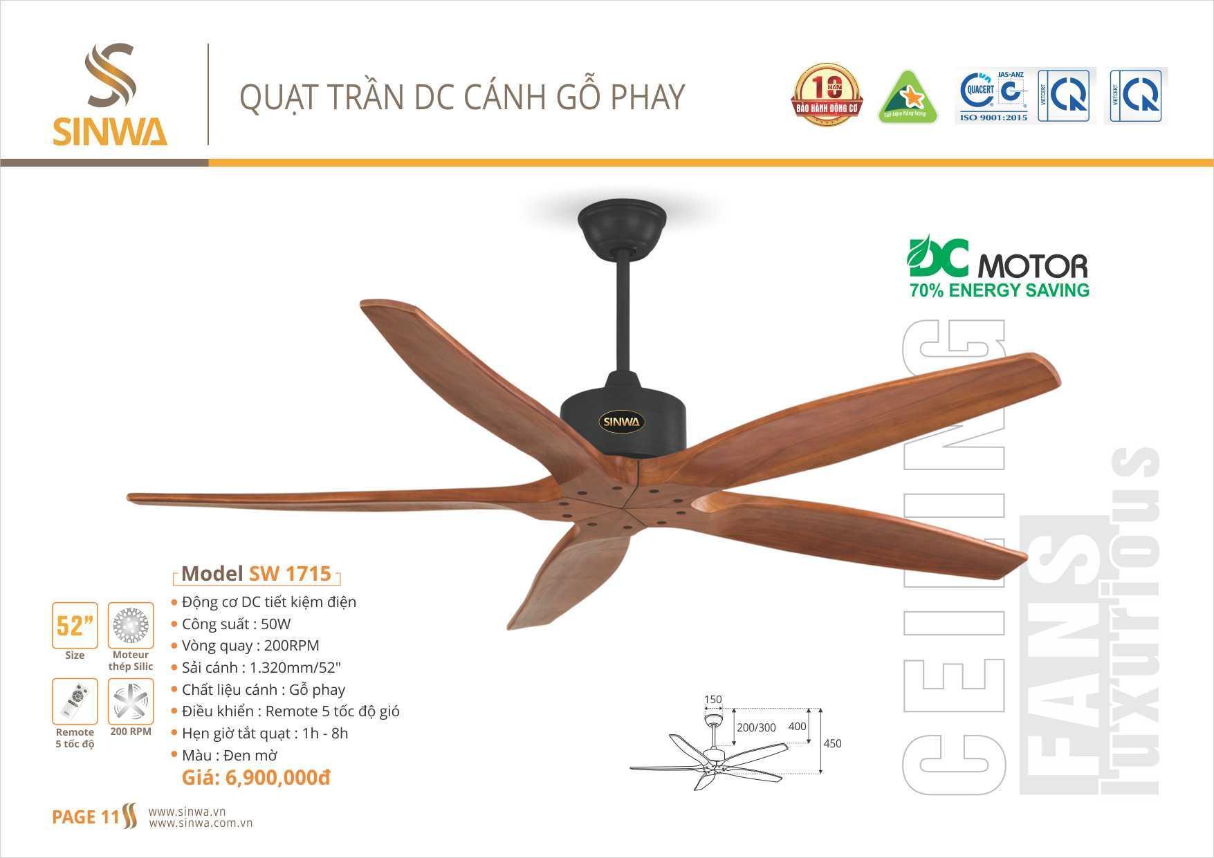 QUẠT TRẦN DC CÁNH GỖ PHAY SINWA SW1715 (Hàng chính hãng)