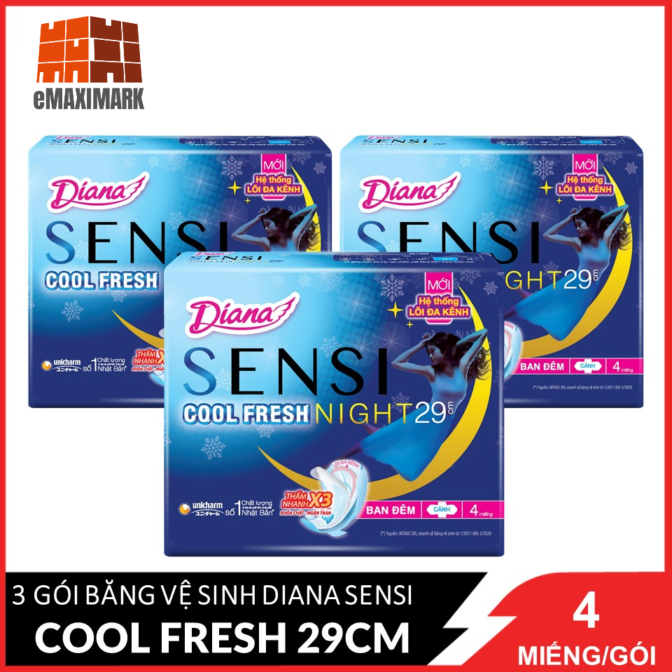 [HCM ship 2h] Combo 3 Băng Vệ Sinh Diana Sensi Cool Fresh Night Gói 4 Miếng