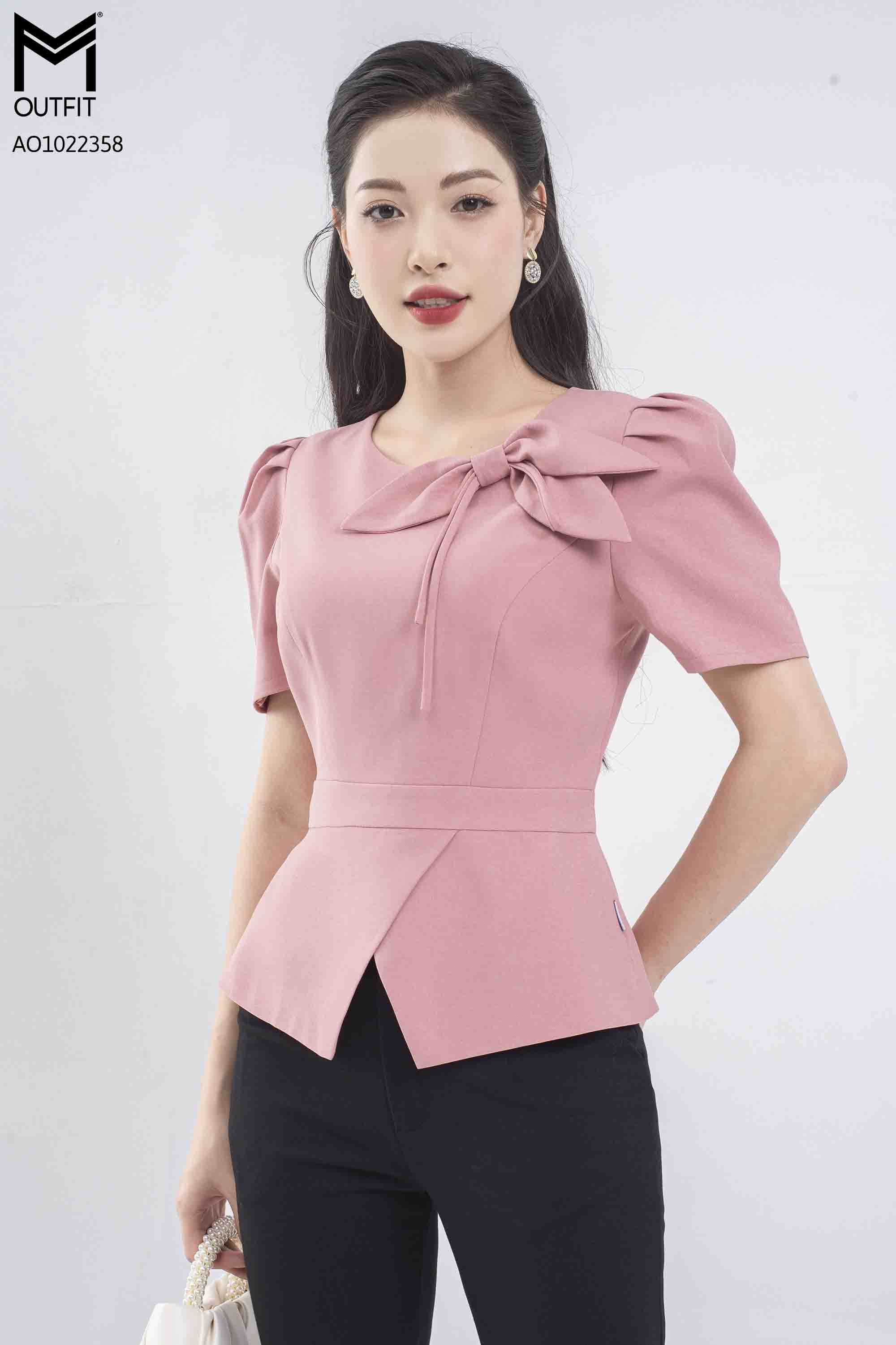 Áo Sơ mi hai lớp, cổ tròn đính nơ - mmoutfit