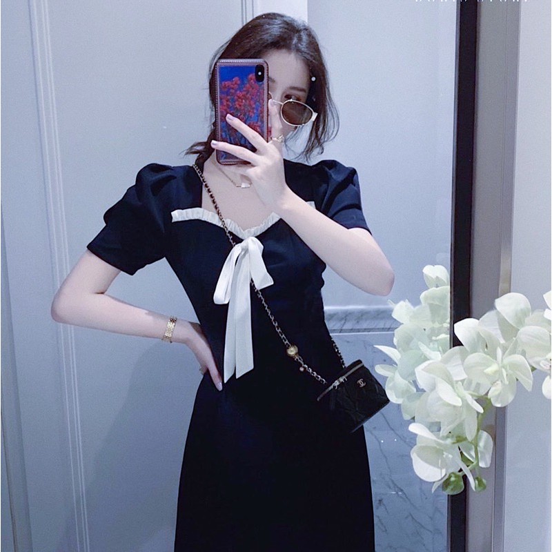 Đầm xanh đen phối trắng