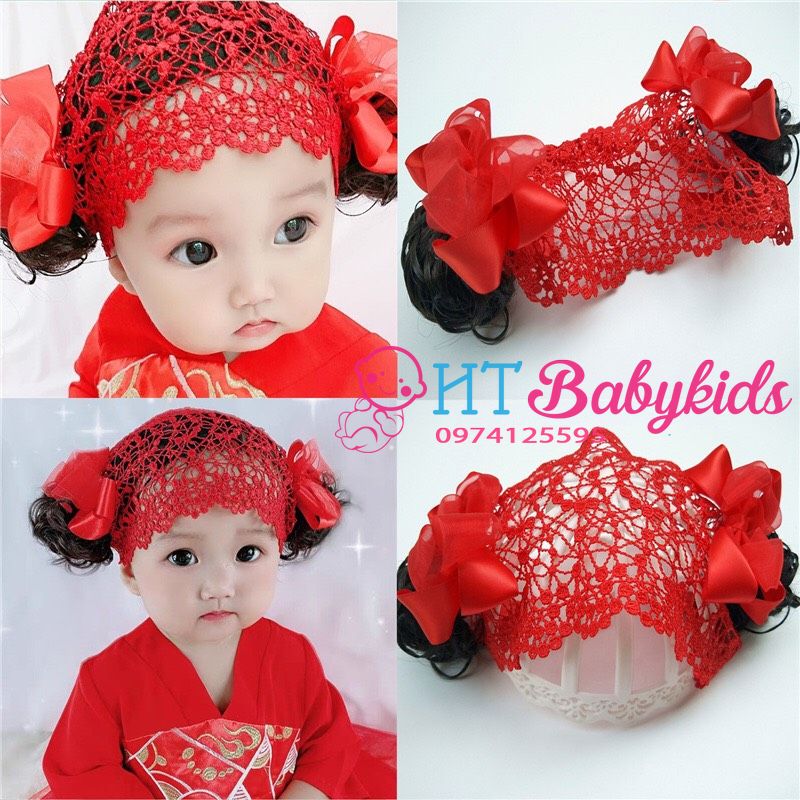 Băng Đô Tóc Giả Nơ Đỏ Cho Bé Diện Tết