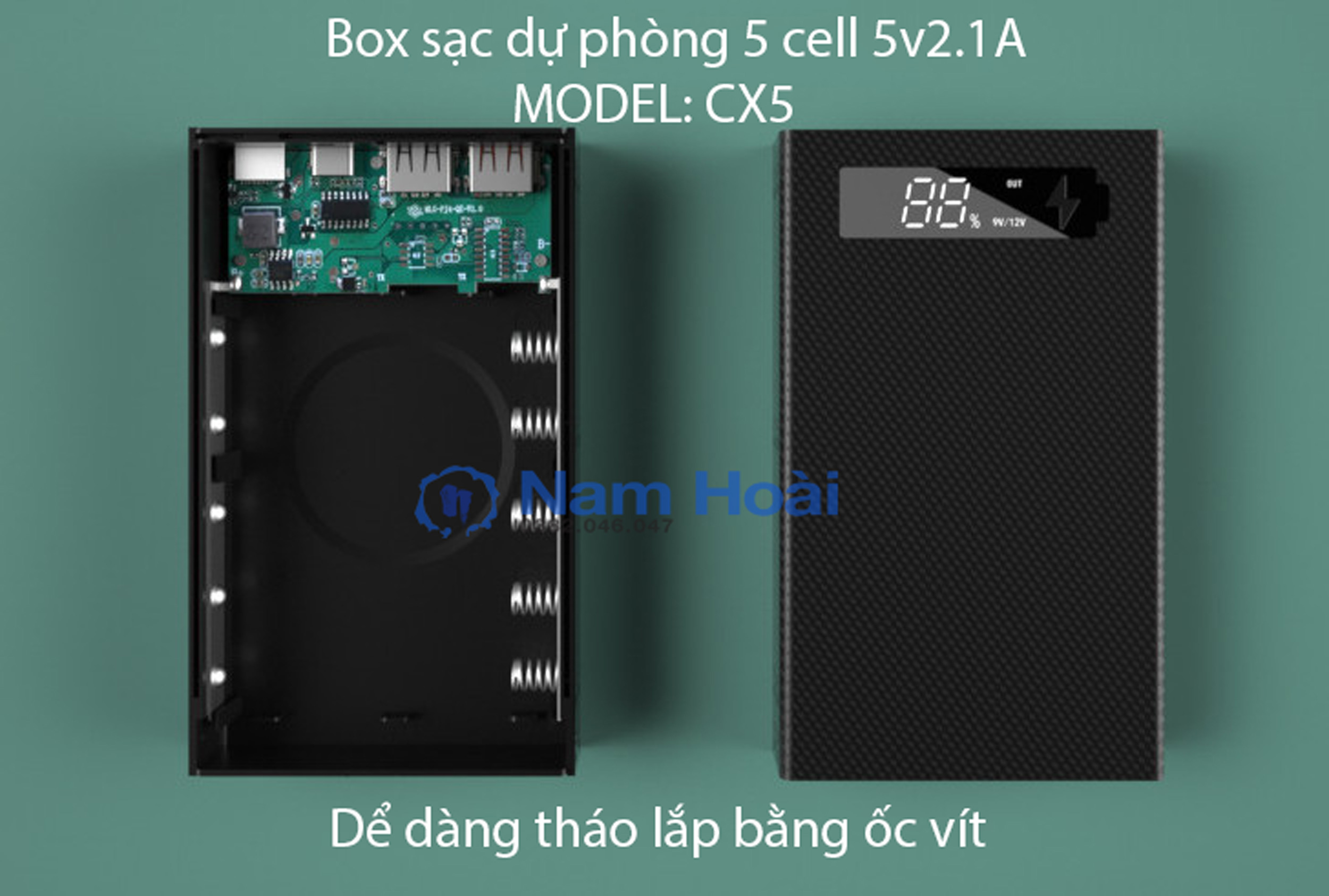 Box sạc dự phòng 5 cell pin 18650 5V2.1A-10W tháo lắp dể dàng để thay pin