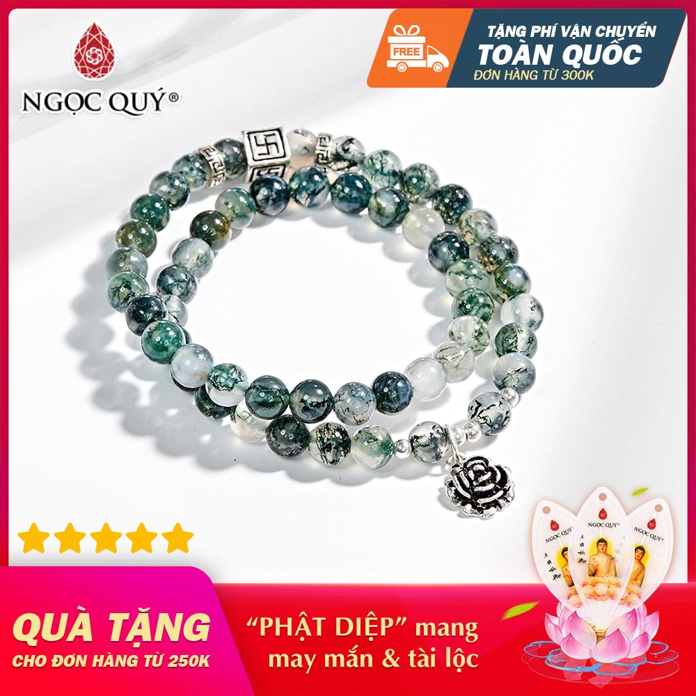 Vòng tay phong thủy đá Băng Ngọc Thủy Tảo 2 Line Phối Charm Bạc 7mm hợp mệnh hỏa, mộc - Ngọc Quý Gemstones
