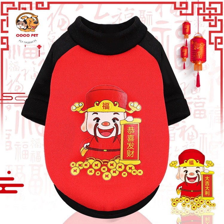Áo nỉ thần tài cho chó mèo - áo tết hình mèo thần tài may mắn cho thú cưng